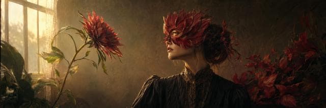 A woman wearing a red flower mask looks at a sunflower in a vintage room filled with natural elements and reflections.