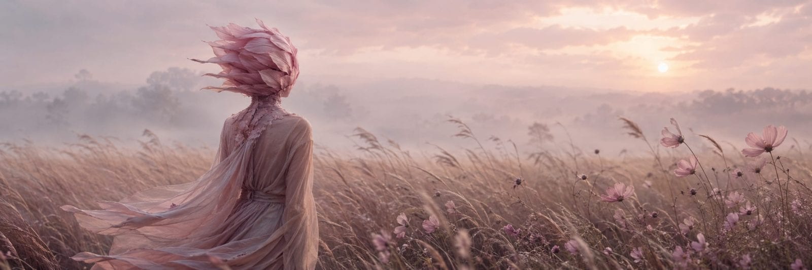 Person in a flowing dress stands in a misty field of flowers at sunrise, surrounded by soft pink haze.