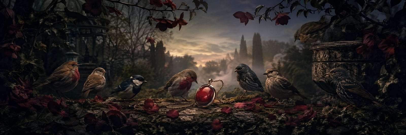 Seven birds perch on a mossy ledge with a red pendant, surrounded by scattered leaves in a garden at sunset.