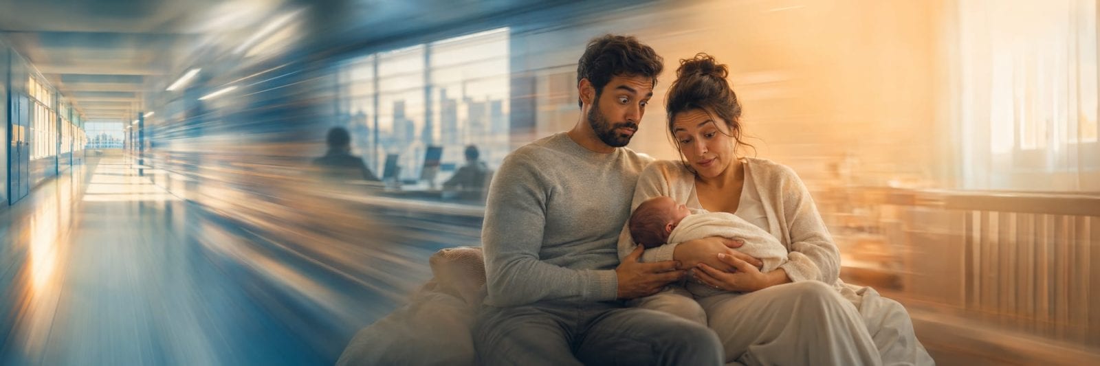 A couple holds their newborn in a hospital hallway, sharing a calm and intimate moment amid the surroundings.