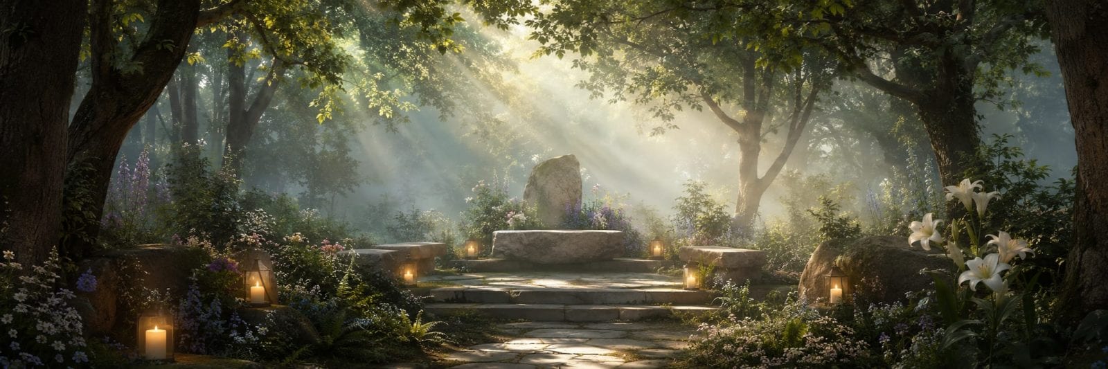 Stone altar in a forest clearing, surrounded by flowers and trees, with a candlelit stone path leading up to it.