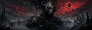 A surreal figure with a starry face looms over an apocalyptic landscape beneath a dark sky.
