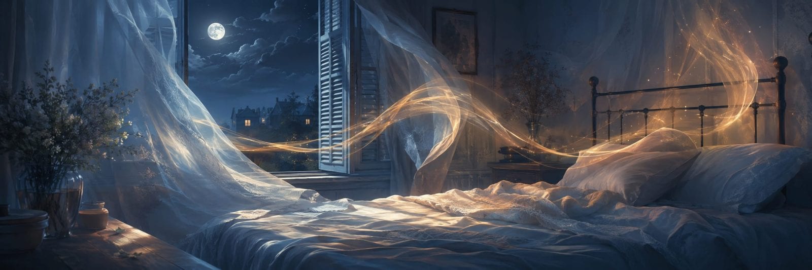 Bedroom at night with open windows, moonlight streaming in, sheer curtains billowing, golden light trails in the shadows.