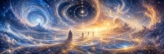 Surreal cosmic landscape featuring swirling galaxies, glowing orbs, and floating figures exuding strength and spirit beneath a starry sky.