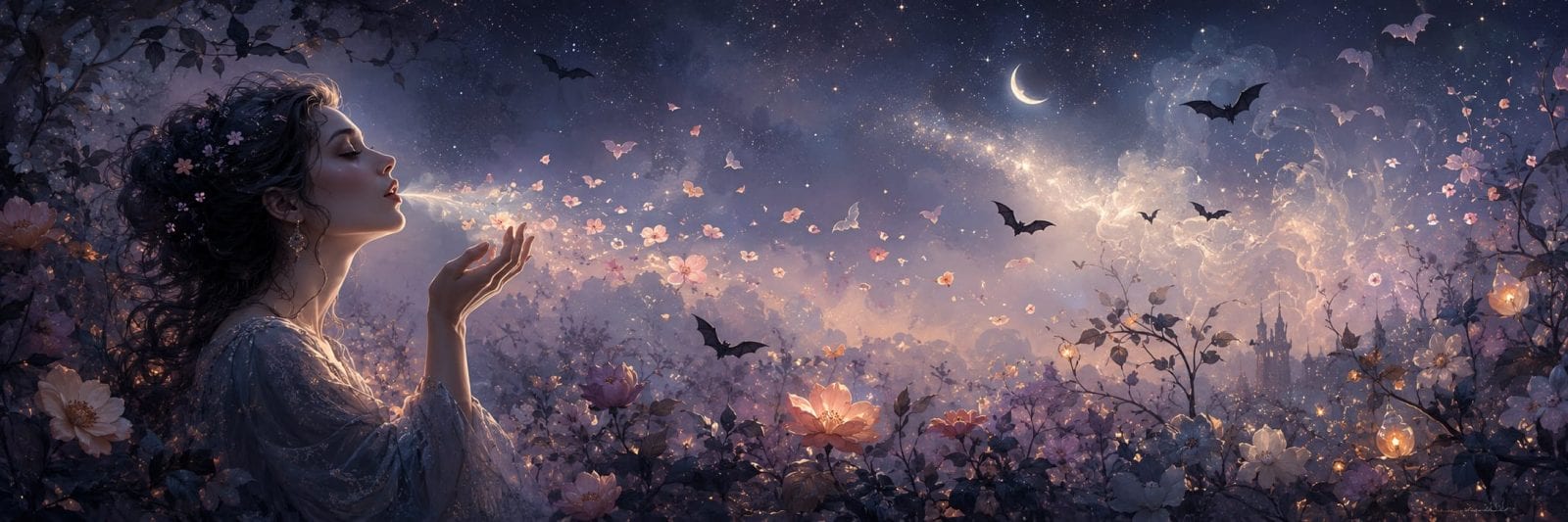 A woman blows glowing petals into the sky beneath bats and a crescent moon in a surreal, imaginative scene.