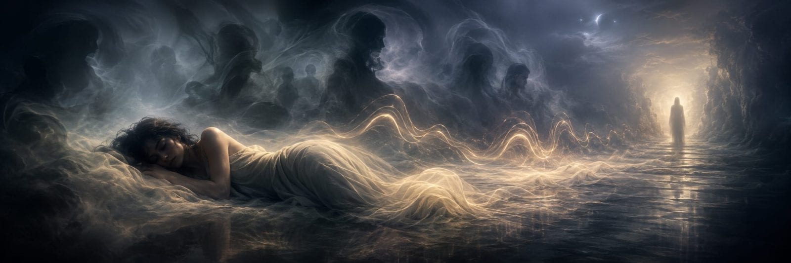 A woman sleeps on the ground surrounded by swirling mist and ghostly figures, with chaos looming and a glow ahead.
