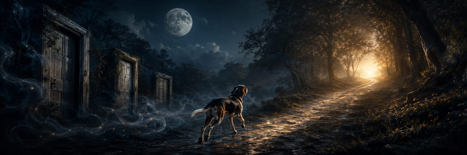 A dog stands on a stone path at night, looking toward a glowing light beyond closed doors.