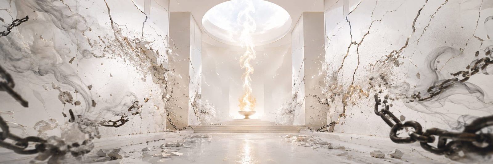 A white marble hall filled with subtle satire and subversion under a glowing central flame.
