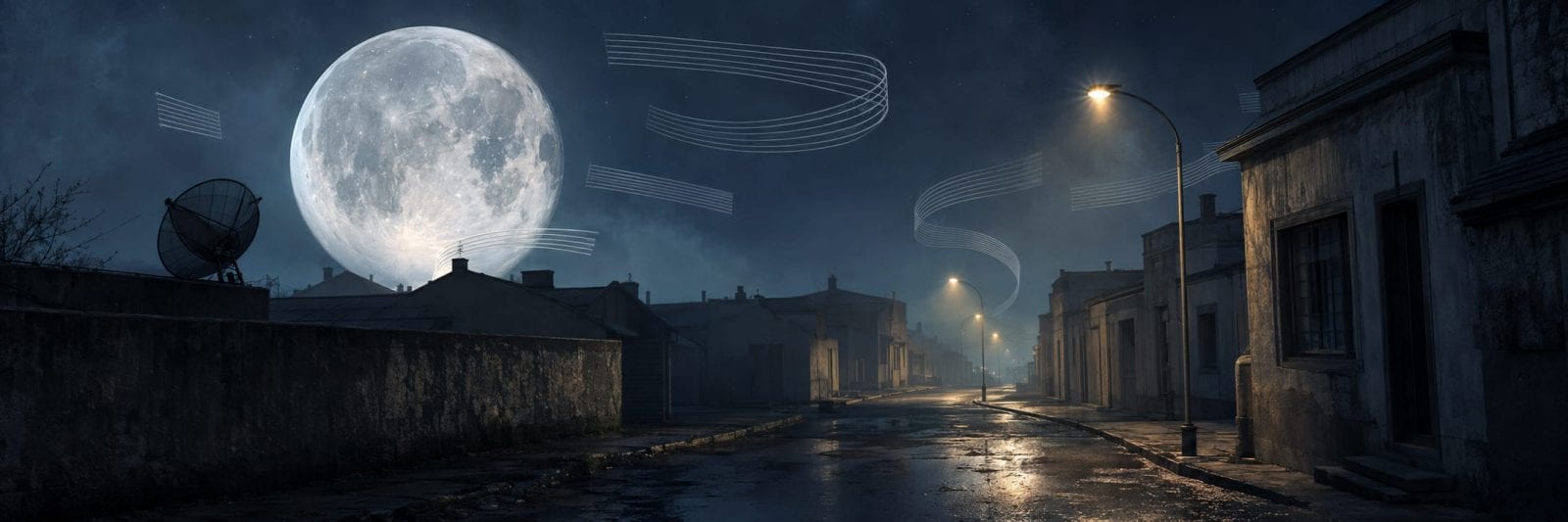 A huge full moon hangs over a misty empty street, with pale ribbon-like lines drifting through the night sky.
