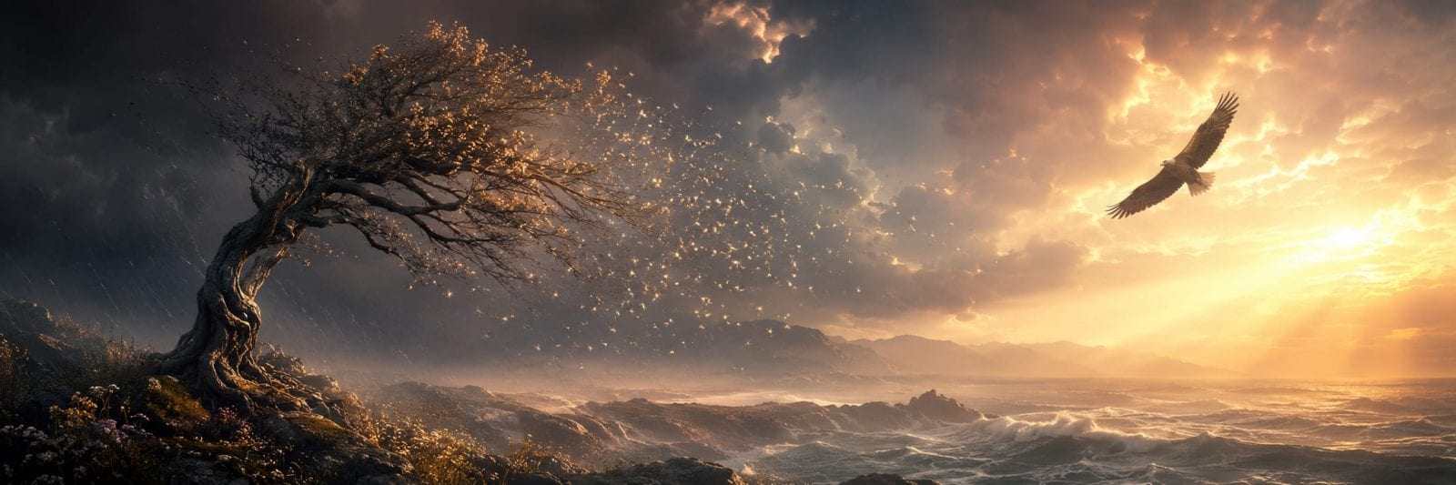 A twisted tree by a windy shore sheds leaves as an eagle soars toward a golden sunrise.