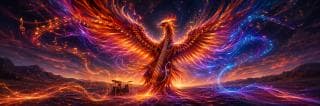 A fiery phoenix shaped around a stringed instrument spreads luminous wings amid flowing musical notes and colored light.