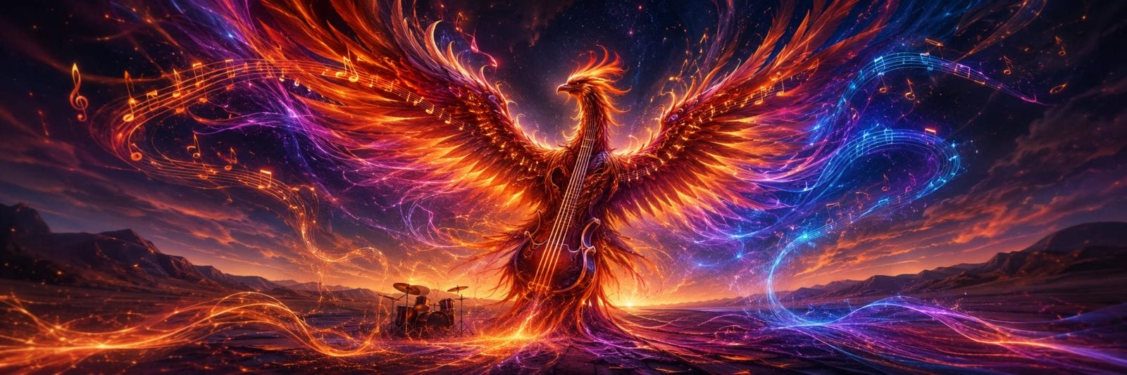 A fiery phoenix shaped around a stringed instrument spreads luminous wings amid flowing musical notes and colored light.