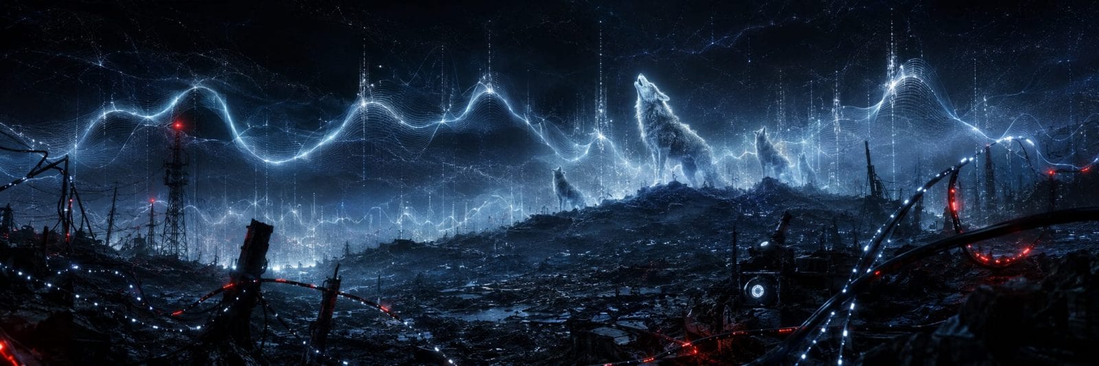 A surreal landscape with chaotic energy waves and glowing lights beneath a fragmented night sky.