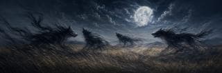 Four shadowy wolf-like figures run through tall grass beneath a full moon, creating a surreal, chaotic atmosphere.