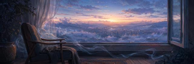 A cozy chair faces a large window at sunset, overlooking swirling mist where nature and reflection blend with strength and spirit.