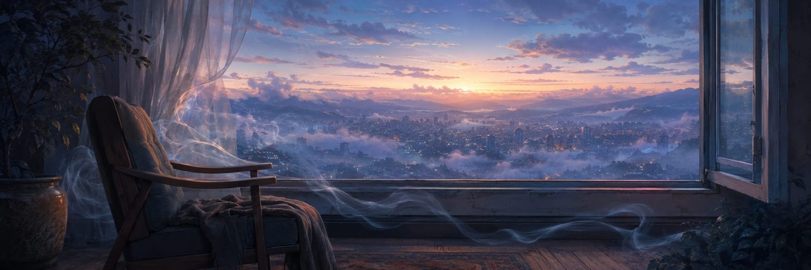 A cozy chair faces a large window at sunset, overlooking swirling mist where nature and reflection blend with strength and spirit.