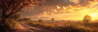 A dirt path winds past blooming trees at sunset, with scattered pink petals and birds flying overhead.