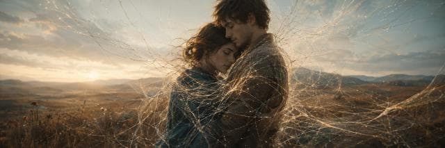 A couple embraces in a sunset field, surrounded by glowing threads, capturing a moment of nature and reflection.