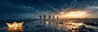 Five people walk on a wet, reflective beach as lightning strikes. A paper boat sits motionless nearby.