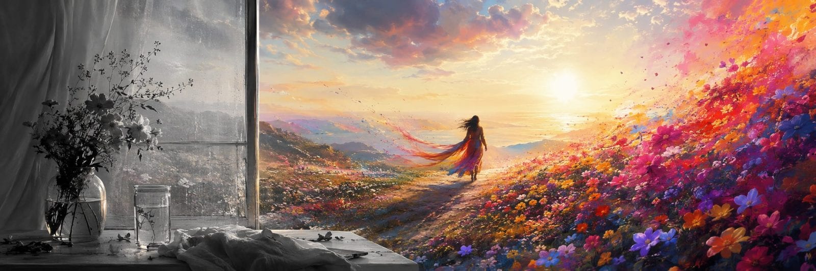 Woman in a colorful field at sunset viewed through a window, with flowers on a table visible in the foreground.