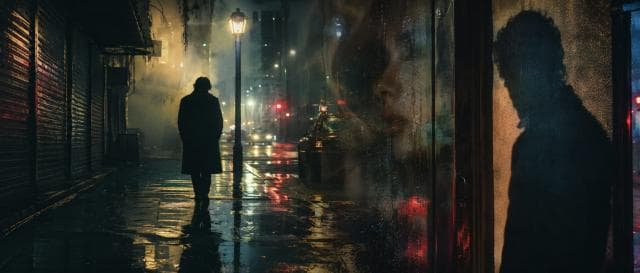 A person in a coat walks alone on a wet city street at night, their face and shadow reflected in a rain-covered window.