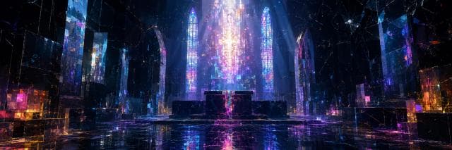 Surreal cathedral with tall stained glass windows casting colorful reflections on shiny floors, evoking spirit and strength.