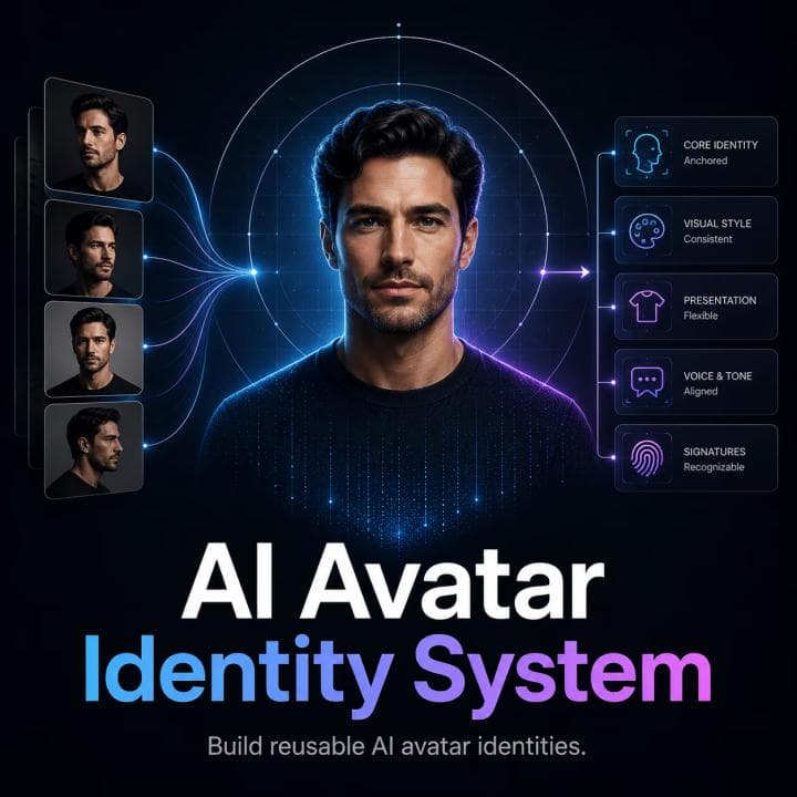 Cover artwork showing a structured guide to consistent AI avatar identity.