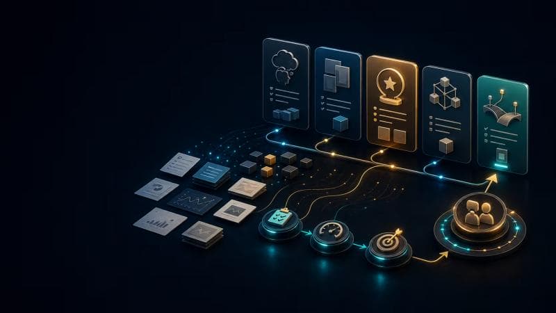 Landscape artwork showing business experience becoming proof-led advisory offers, service cards, and validation signals.
