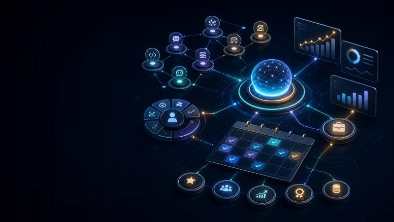 Landscape artwork showing AI-assisted skill mapping from strengths to market demand and a proof project.