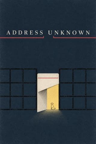Flat editorial cover for Address Unknown: a cream paper doorway interrupts an archival blue grid, with a tiny yellow dog beyond it.