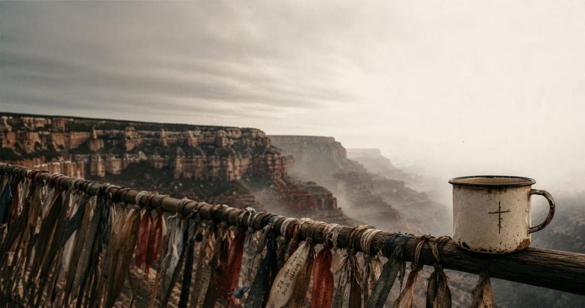A chipped enamel mug rests on a ribbon-tied canyon rail beneath the title Low Water Station.
