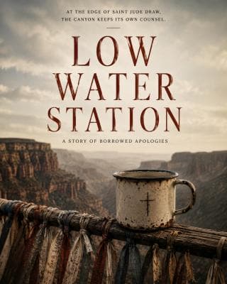 A chipped enamel mug rests on a ribbon-tied canyon rail beneath the title Low Water Station.