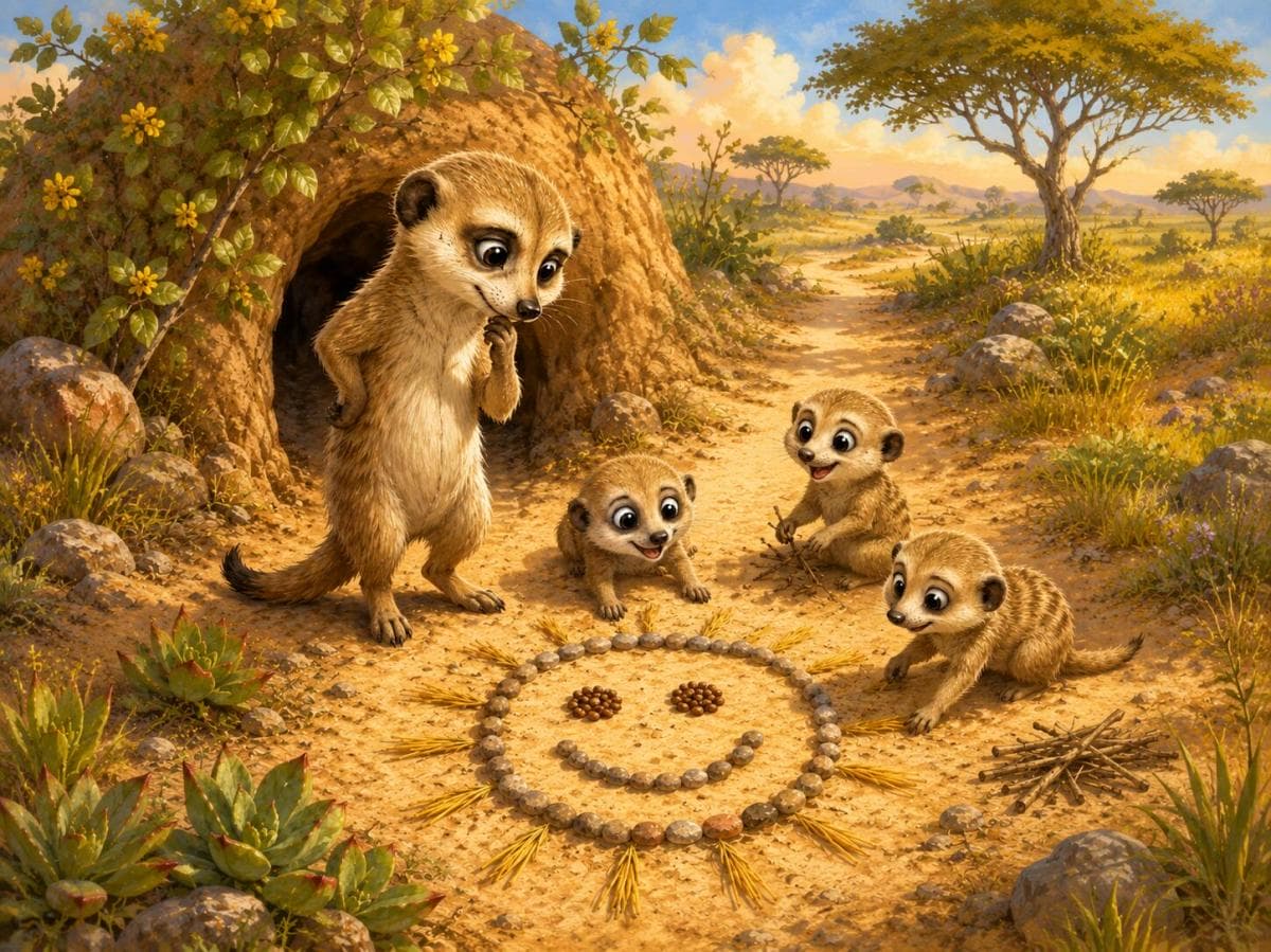 Meerkat pups gather around a pebble smiley face outside a burrow in a sunny savanna.