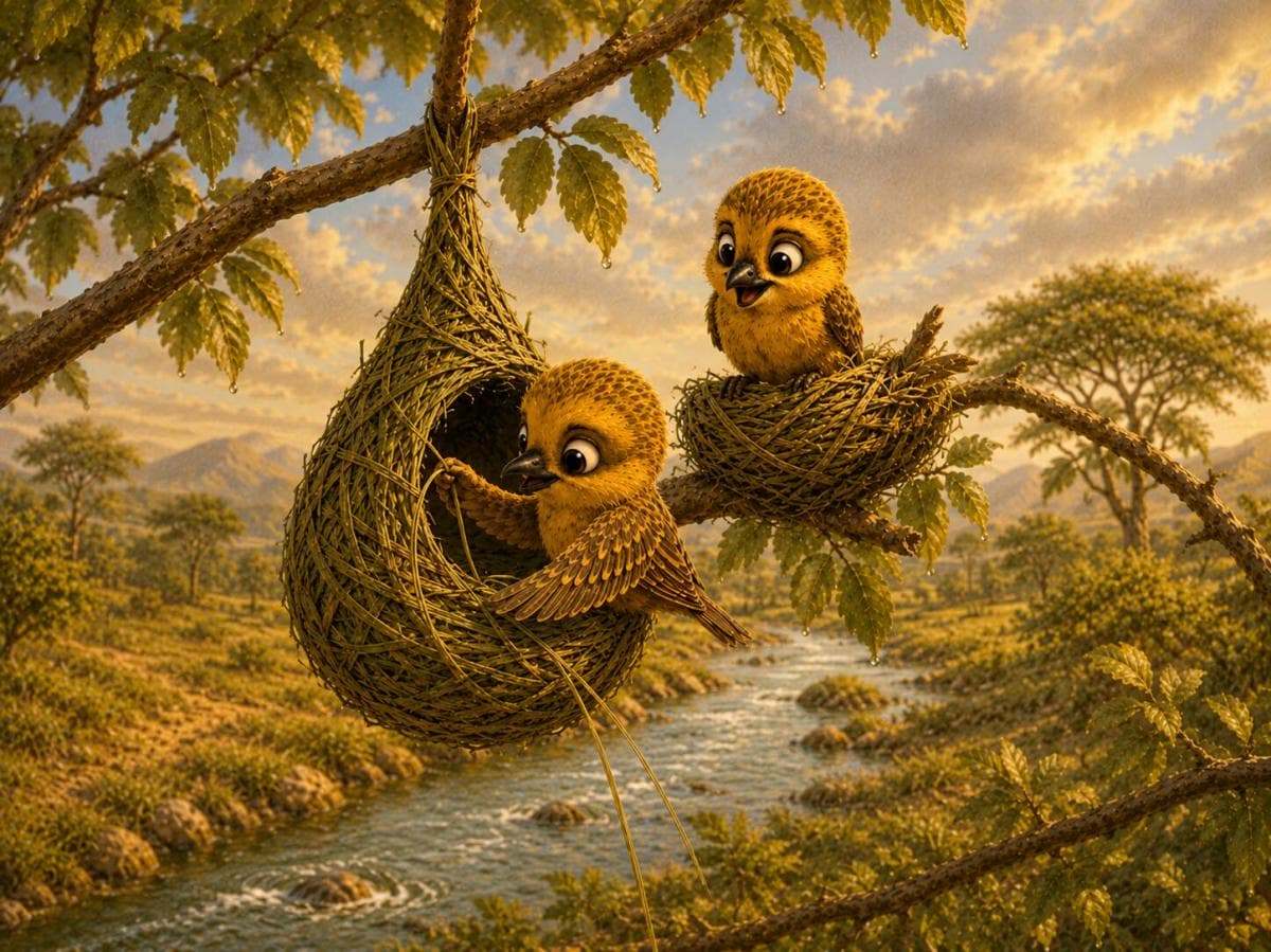 Two weaver birds trade grass strands while building hanging nests above a river.