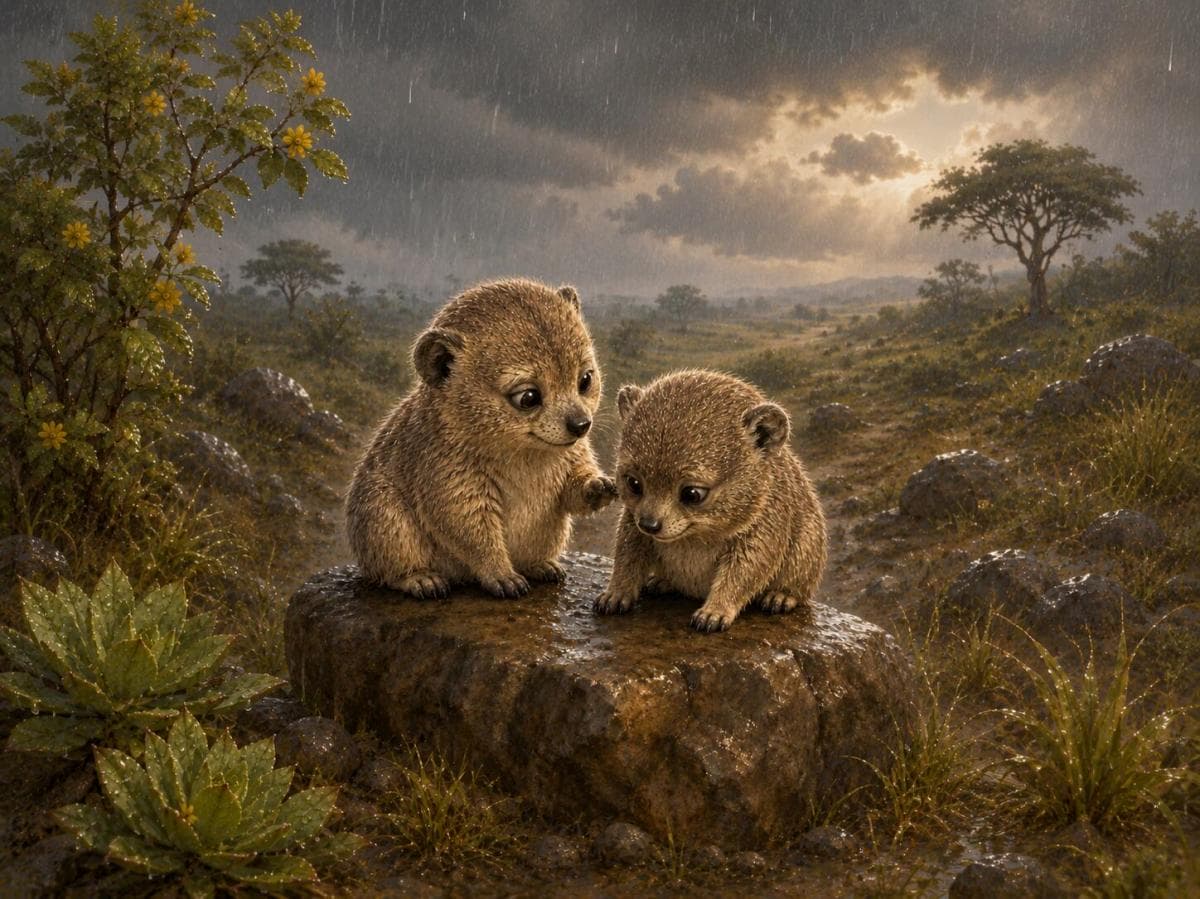 Two dassies sit together on wet rocks under storm clouds as rain falls across the savanna.