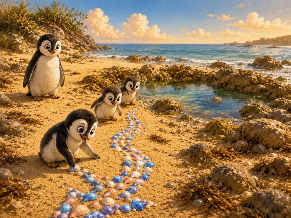 Penguin chicks follow a shiny shell path toward a safe rock pool by the sea.