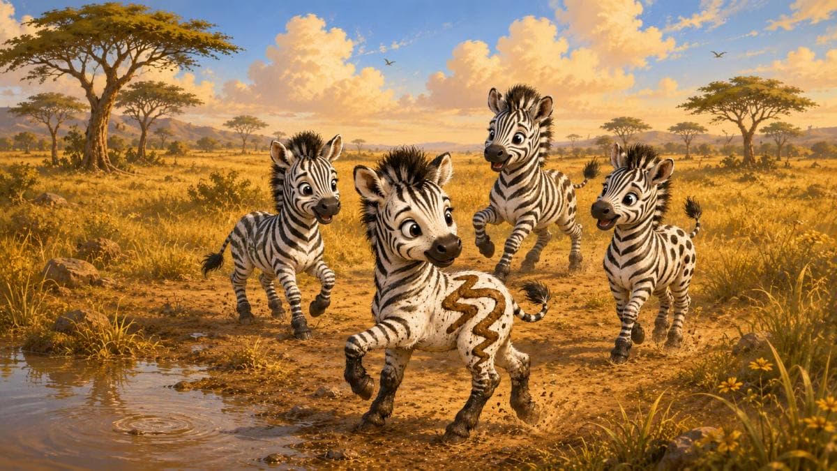 A young zebra with a muddy river-shaped stripe trots through a puddle with friends nearby.