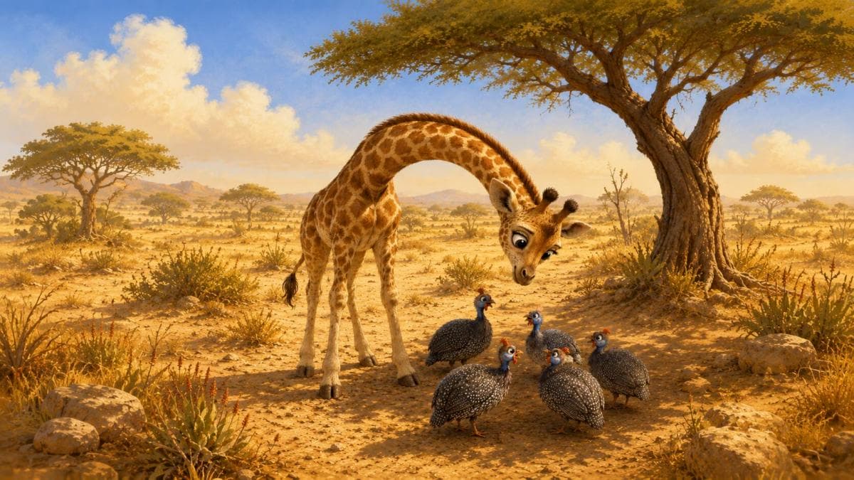 A young giraffe bends under an acacia tree to share shade with guineafowl.