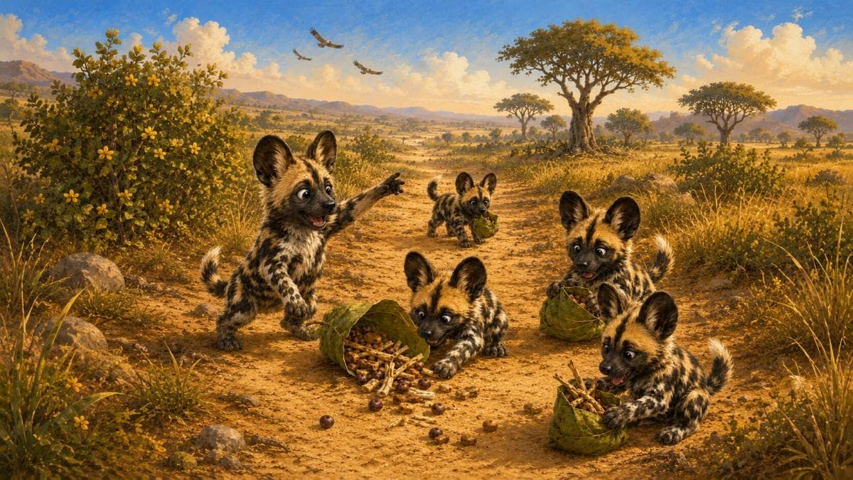 Painted dog pups tidy spilled picnic snacks and leaf bags on a golden savanna path.