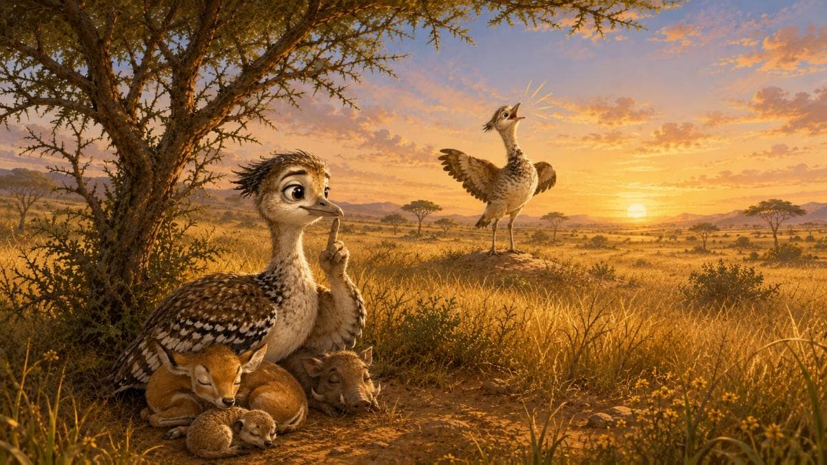 A young kori bird practices a quieter call as the sun sets over the grassland.