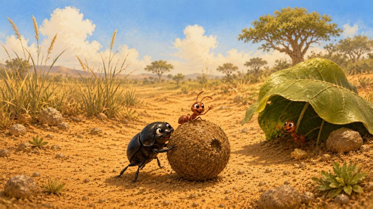 A dung beetle rolls a round ball across sandy grass while a small ant rides nearby.