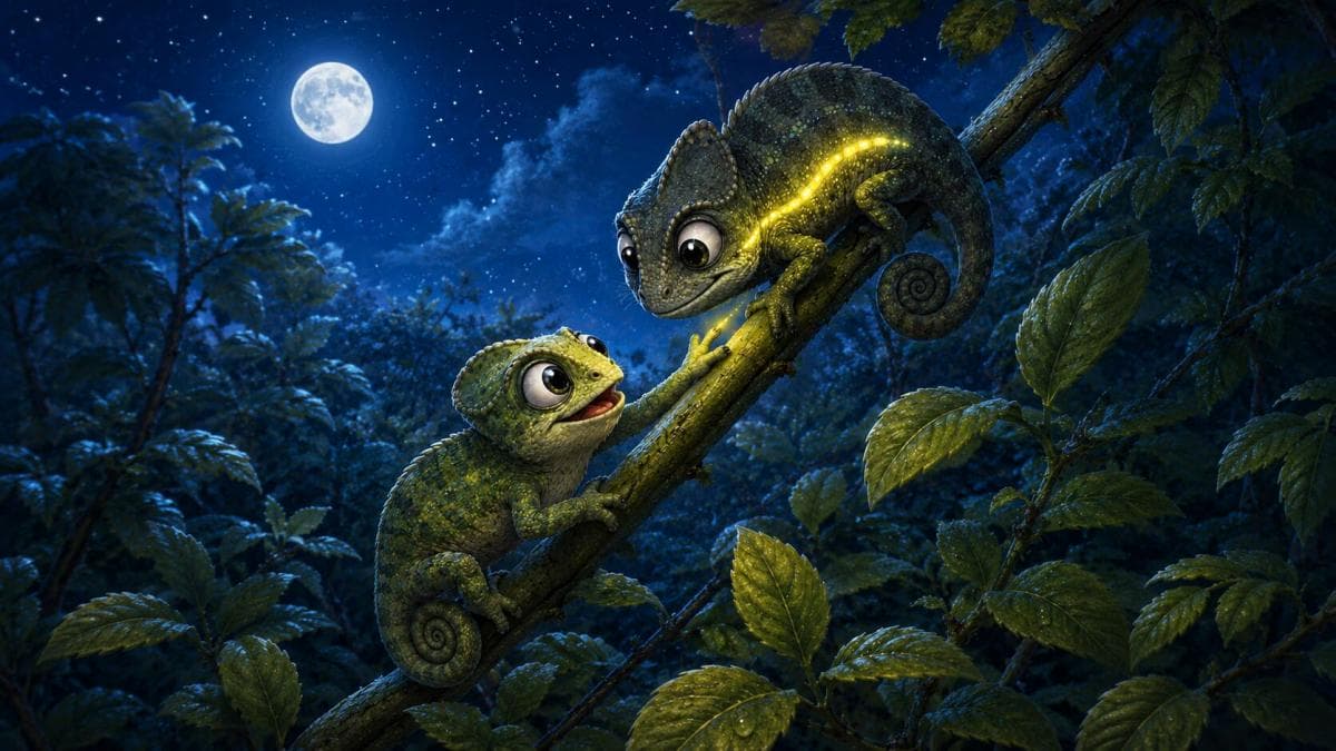 Two chameleons glow among moonlit leaves, one showing a bright yellow friend-finder stripe.