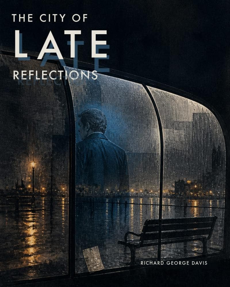 Cover for The City of Late Reflections by Richard George Davis: a man at a rain-darkened river bus shelter faces a delayed reflection in curved glass, with a folded ticket against the pane.