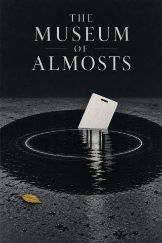 Flat editorial cover for The Museum of Almosts: a white hotel keycard enters black water, its reflection dissolving into a corridor of rings.