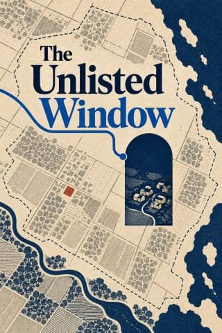 Flat cover titled The Unlisted Window: an ivory settlement map crossed by a blue route, with a navy arched window showing a small village.