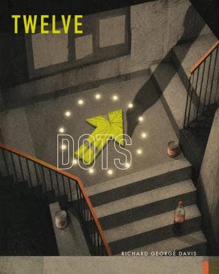 Cover for Twelve Dots by Richard George Davis: a luminous twelve-dot timer and fluorescent safety vest rest in a dim estate stairwell, where tins sit on the steps and a cola bottle hangs in still air.