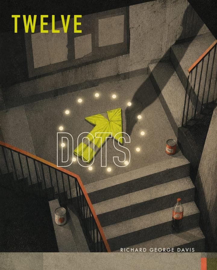 Cover for Twelve Dots by Richard George Davis: a luminous twelve-dot timer and fluorescent safety vest rest in a dim estate stairwell, where tins sit on the steps and a cola bottle hangs in still air.