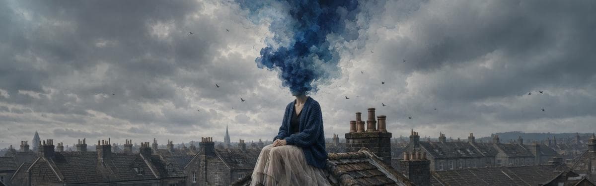 A young woman in a blue cardigan and white tulle skirt sits on a damp tiled roof while blue smoke gathers where her face should be.
