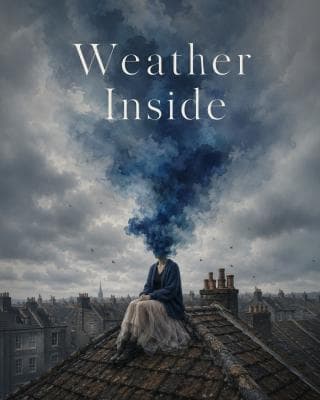 A young woman in a blue cardigan and white tulle skirt sits on a damp tiled roof while blue smoke gathers where her face should be.