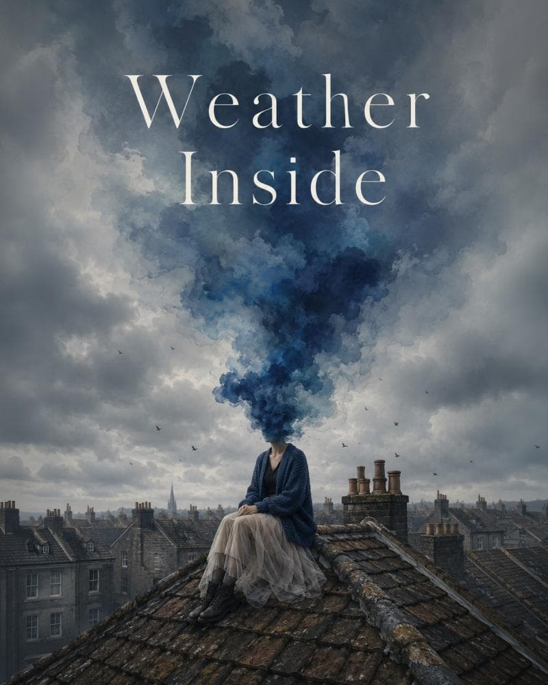 A young woman in a blue cardigan and white tulle skirt sits on a damp tiled roof while blue smoke gathers where her face should be.